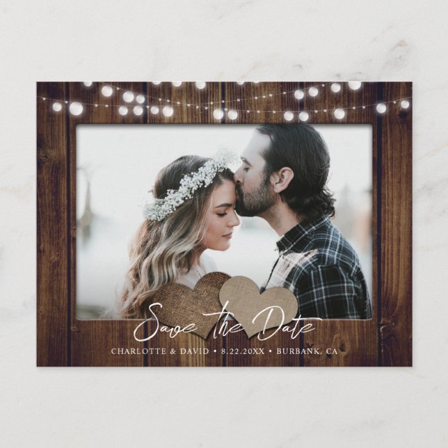 Wood String Lights Photo Save The Date Postcard (Front)