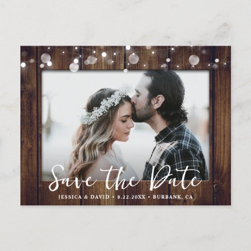 Wood String Lights Save The Date Photo Postcard