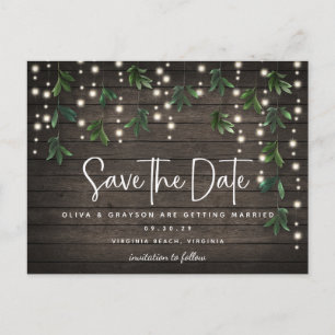 Wood String Lights Script Wedding Save the Date  Postcard