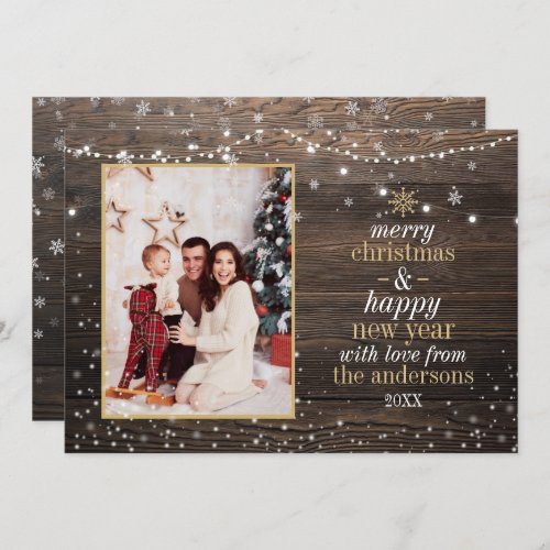 Wood String Lights  Snow  Rustic Christmas Photo Invitation