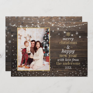 Wood String Lights & Snow Rustic Christmas Photo Invitation
