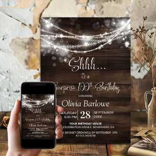 Wood String Lights Surprise 100th Birthday Party Invitation