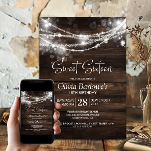 Wood String Lights Sweet Sixteen Birthday Party Invitation