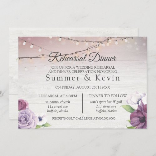 Wood String Of Lights Peony Rehearsal Dinner Invitation