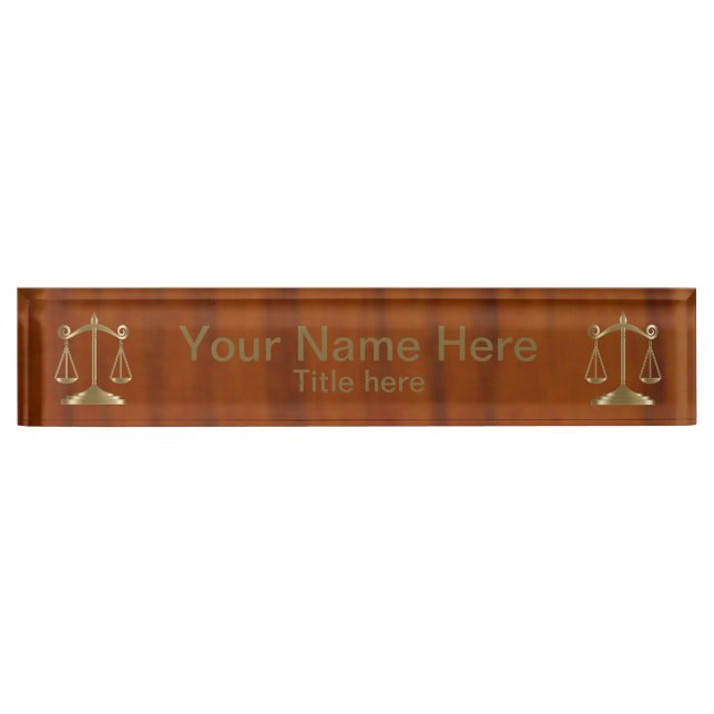 Wood Style Gold Scale of Justice Nameplate (Front)