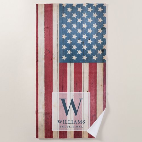 Wood Styled Patriotic USA  Family Monogram Beach Towel