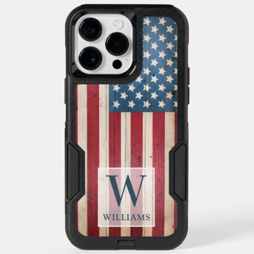 Wood Styled Patriotic USA  Monogram OtterBox iPhone 14 Pro Max Case