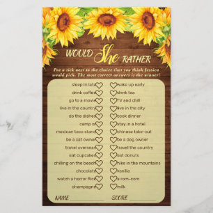 Wood Sunflower Blossom Greenery Bridal Shower Game