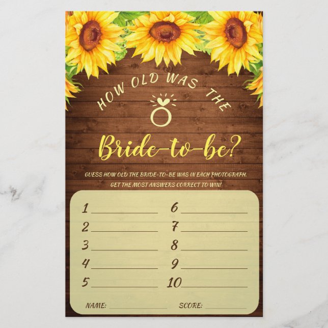 Wood Sunflower Blossom Greenery Bridal Shower Game (Front)