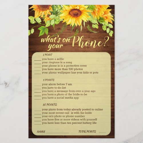 Wood Sunflower Blossom Greenery Bridal Shower Game