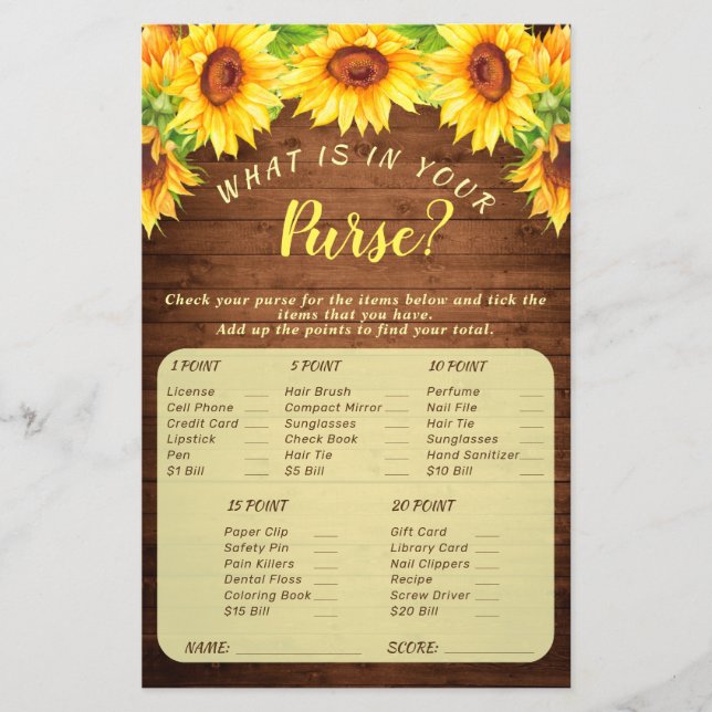 Wood Sunflower Blossom Greenery Bridal Shower Game (Front)