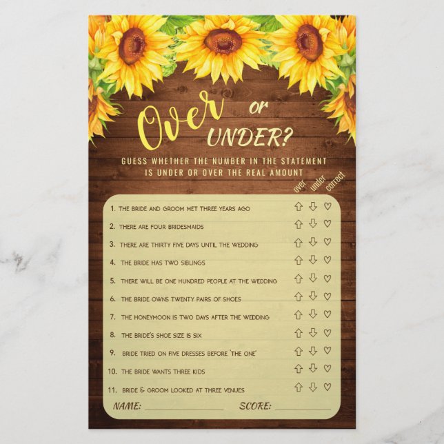 Wood Sunflower Blossom Greenery Bridal Shower Game (Front)