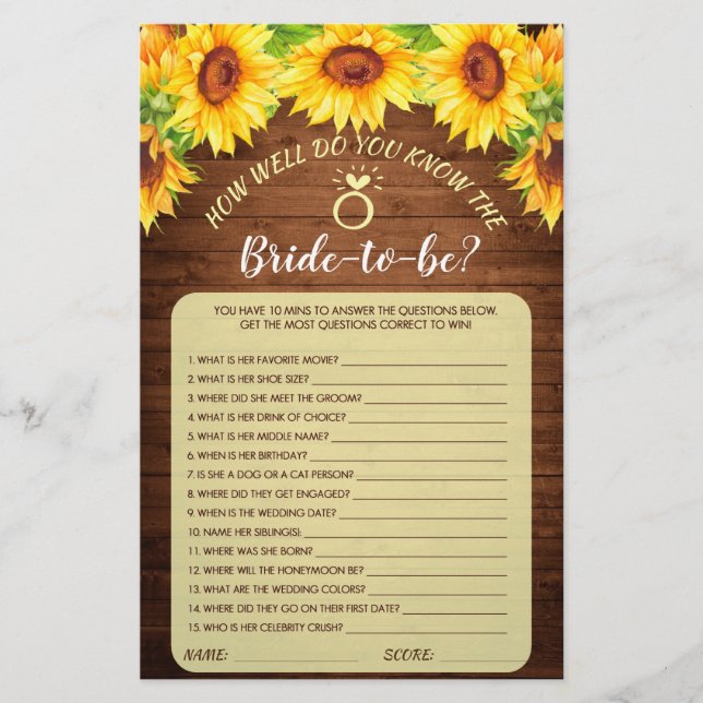 Wood Sunflower Blossom Greenery Bridal Shower Game (Front)