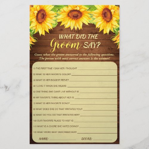 Wood Sunflower Blossom Greenery Bridal Shower Game