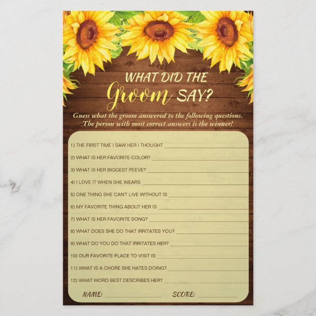 Wood Sunflower Blossom Greenery Bridal Shower Game (Front)
