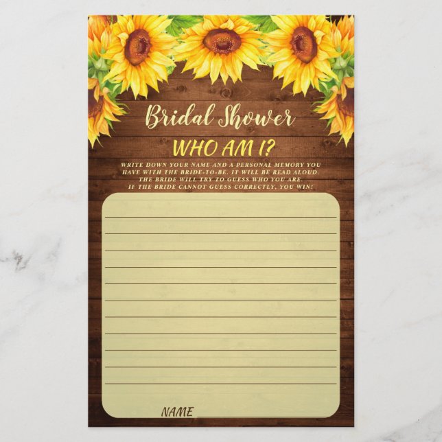 Wood Sunflower Blossom Greenery Bridal Shower Game (Front)