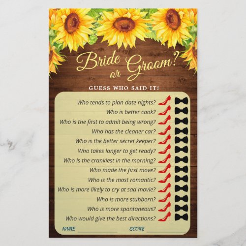 Wood Sunflower Blossom Greenery Bridal Shower Game