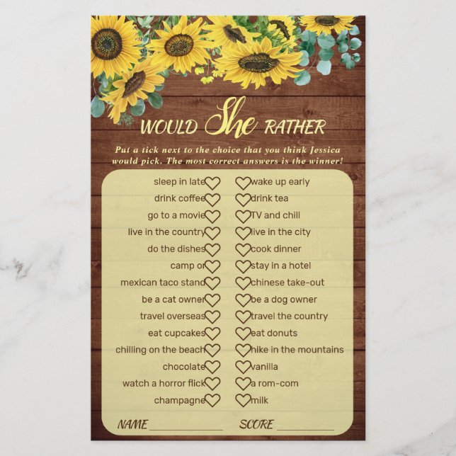 Wood Sunflower Blossom Greenery Bridal Shower Game (Front)