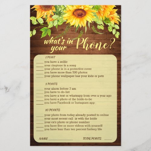 Wood Sunflower Blossom Greenery Bridal Shower Game Flyer