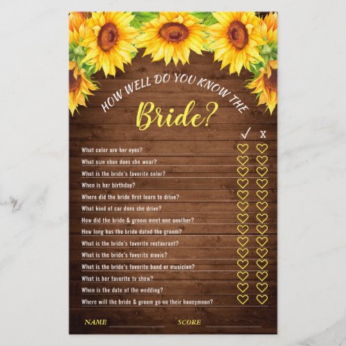 Wood Sunflower Double_Sided Bridal Shower Game