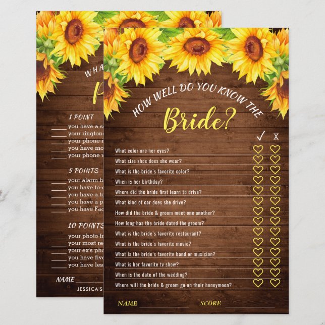Wood Sunflower Double-Sided Bridal Shower Game (Front/Back)