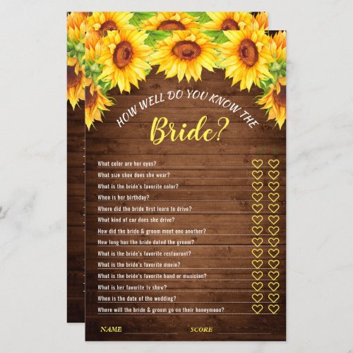 Wood Sunflower Double_Sided Bridal Shower Game