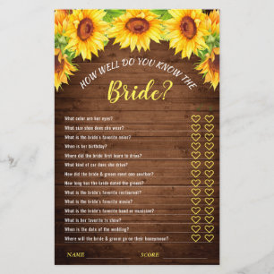 Wood Sunflower Double-Sided Bridal Shower Game
