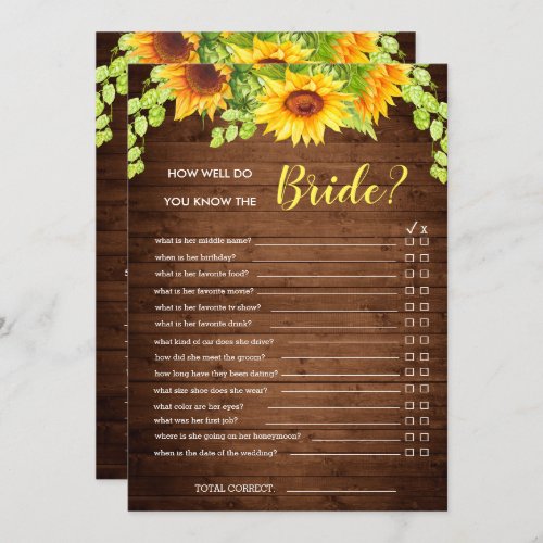 Wood Sunflower Double_Sided Bridal Shower Game Invitation