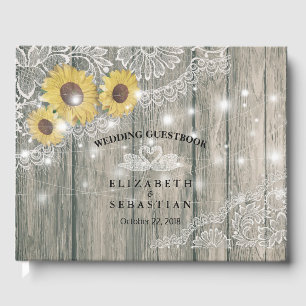 Wood Sunflower Lace String Light Wedding Guestbook