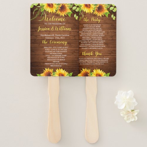 Wood Sunflower Rustic Greenery Wedding Program Hand Fan