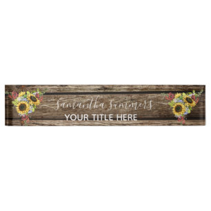 Wood Sunflower Rustic Handwritten Calligraphy Desk Name Plate