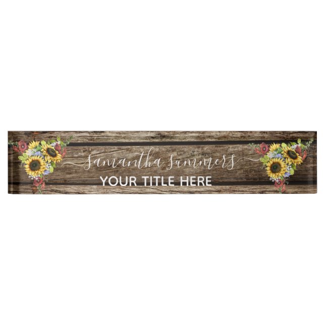 Wood Sunflower Rustic Handwritten Calligraphy Desk Name Plate (Front)