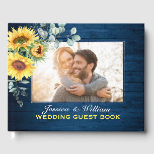 Wood Sunflower Watercolor Rustic PHOTO Wedding Guest Book