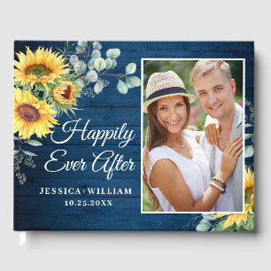 Wood Sunflower Watercolor Rustic PHOTO Wedding Guest Book