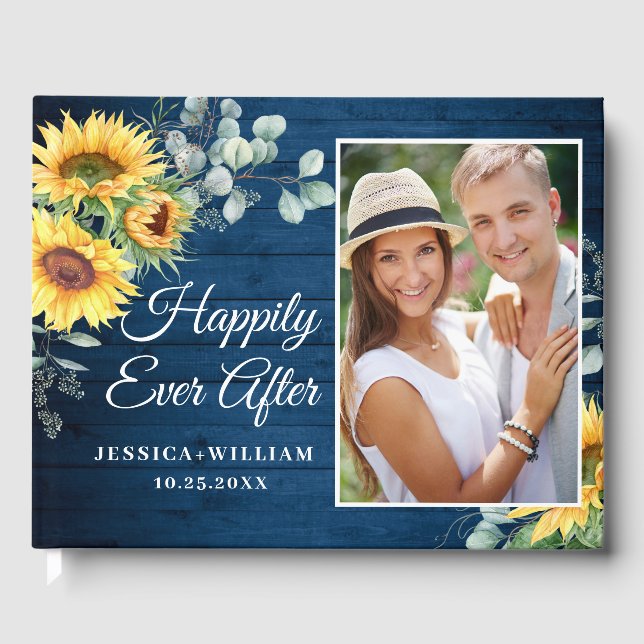 Wood Sunflower Watercolor Rustic PHOTO Wedding  Guest Book (Front)