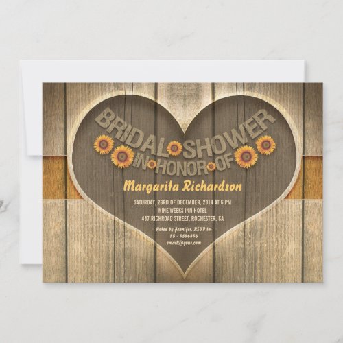 wood sunflowers country style bridal shower invite