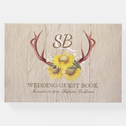 Wood Sunflowers Deer Antlers Rustic Country Guest Book - Rustic country sunflowers and deer antlers barn wedding guest book