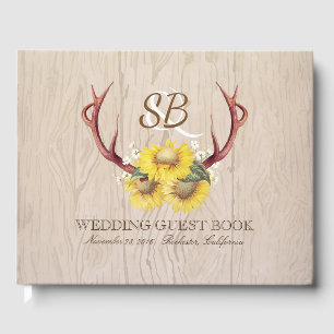 Wood Sunflowers Deer Antlers Rustic Country Guest Book