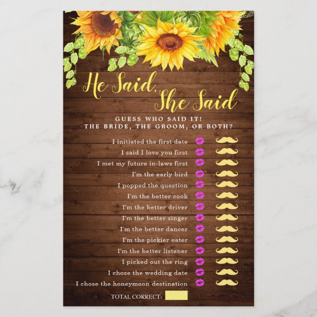 Wood Sunflowers Double-Sided Bridal Shower Game (Front)