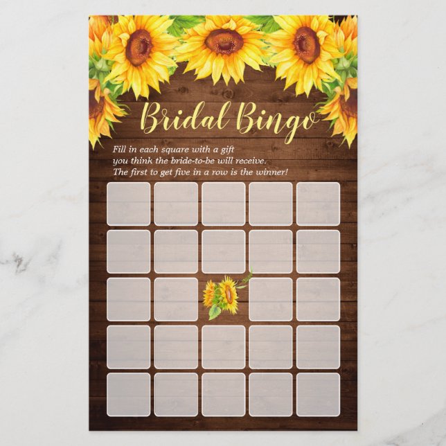 Wood Sunflowers Double-Sided Bridal Shower Game (Front)