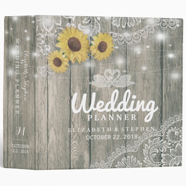 Wood Sunflowers Lace String Lights Wedding Planner Binder (Front/Spine)