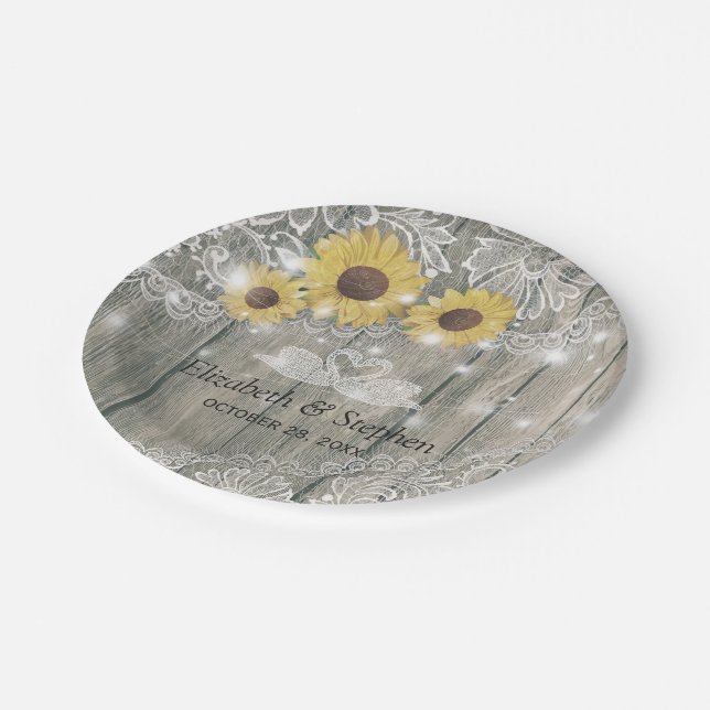 Wood Sunflowers Lace String Lights Wedding Shower Paper Plates (Angled)