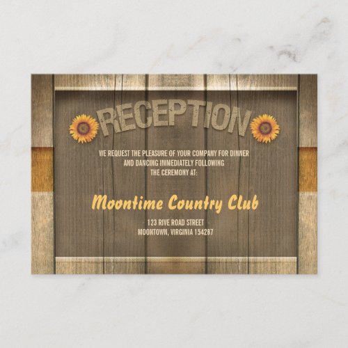wood &amp; sunflowers wedding reception design enclosure card