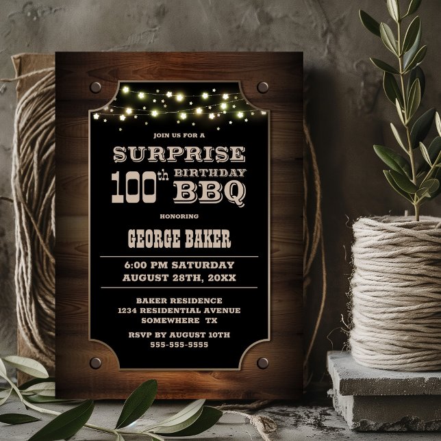 Wood Surprise 100th Birthday BBQ Invitation (Creator Uploaded)