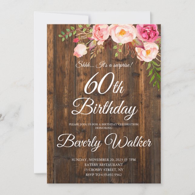 Wood Surprise 60th Birthday Rustic Floral Invitation (Front)
