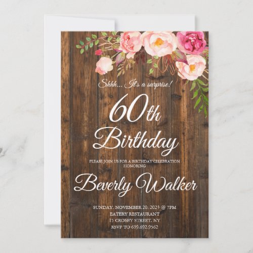 Wood Surprise 60th Birthday Rustic Floral Invitation