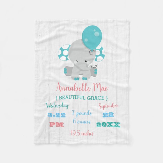 Wood Teal Elephant Gender Neutral Baby Birth Stats Fleece Blanket (Front)