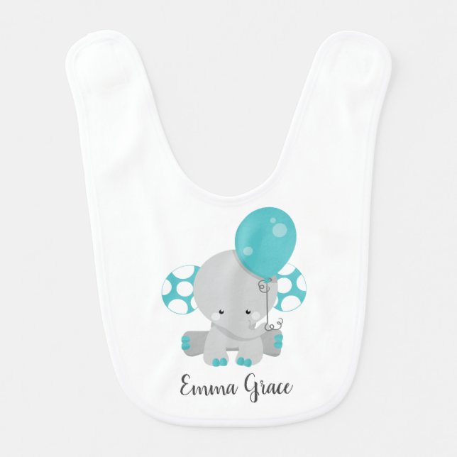 Wood & Teal Elephant Gender Neutral Baby Monogram Bib (Front)