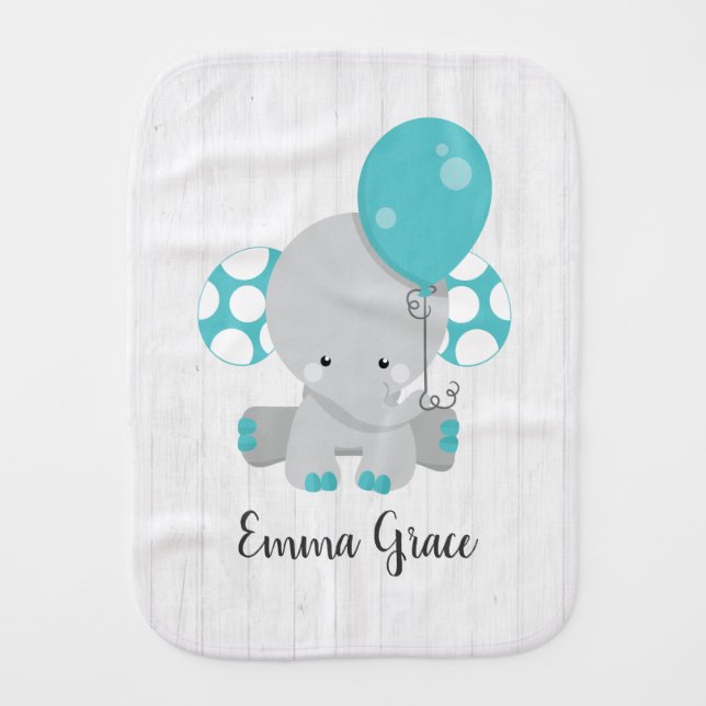 Wood & Teal Elephant Gender Neutral Baby Monogram Burp Cloth (Front)