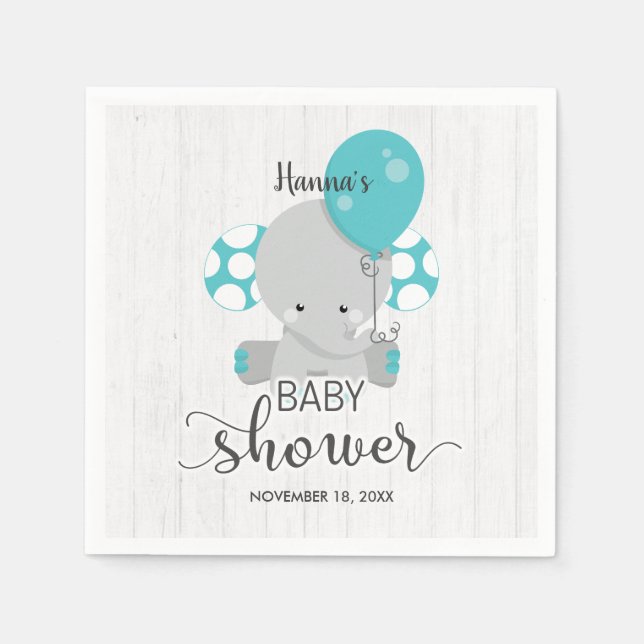 Wood & Teal Elephant Gender Neutral Baby Shower Paper Napkins (Front)